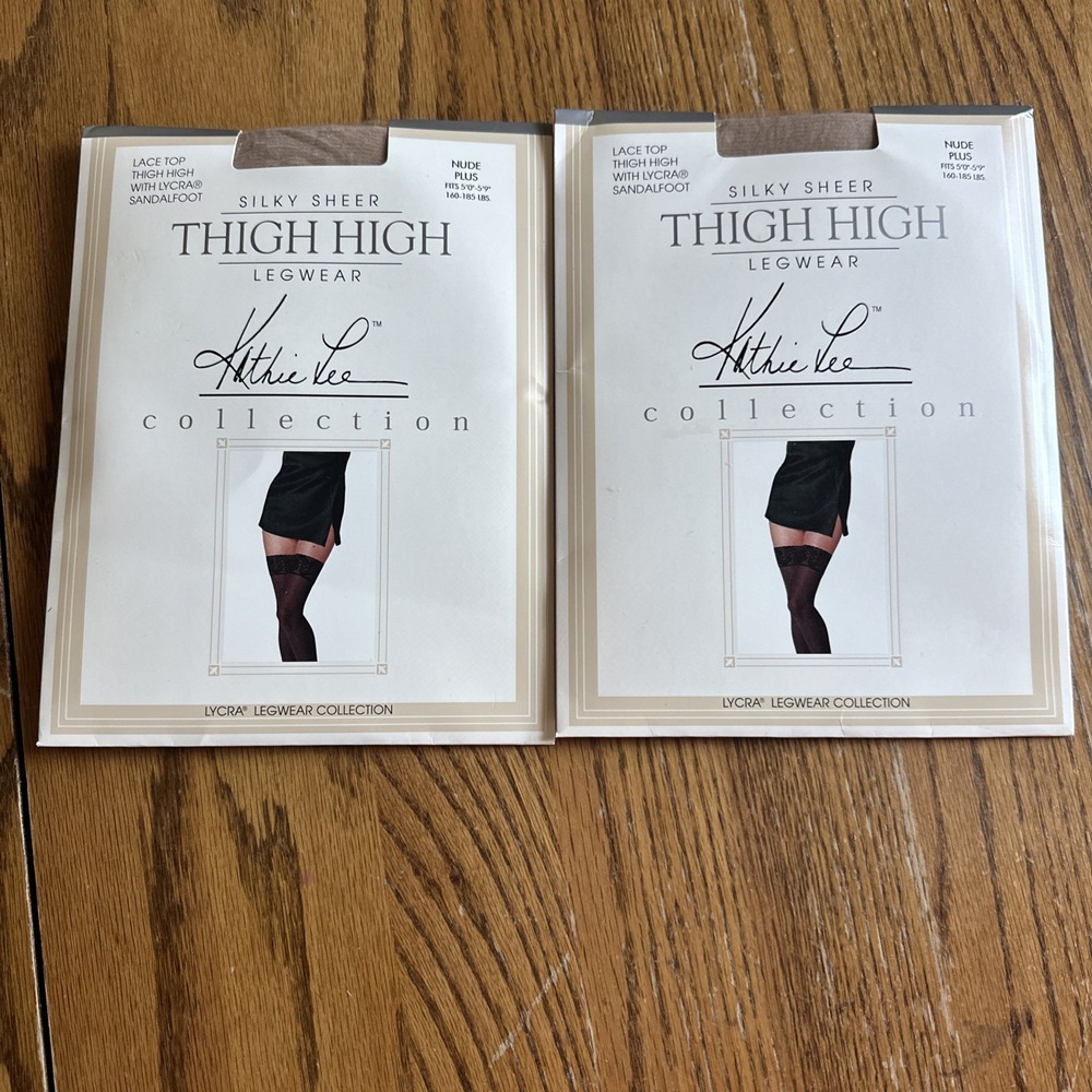 2 Pk Vintage Kathie Lee Thigh High Lace Top Pantyhose Nude Plus Size Silky Sheet